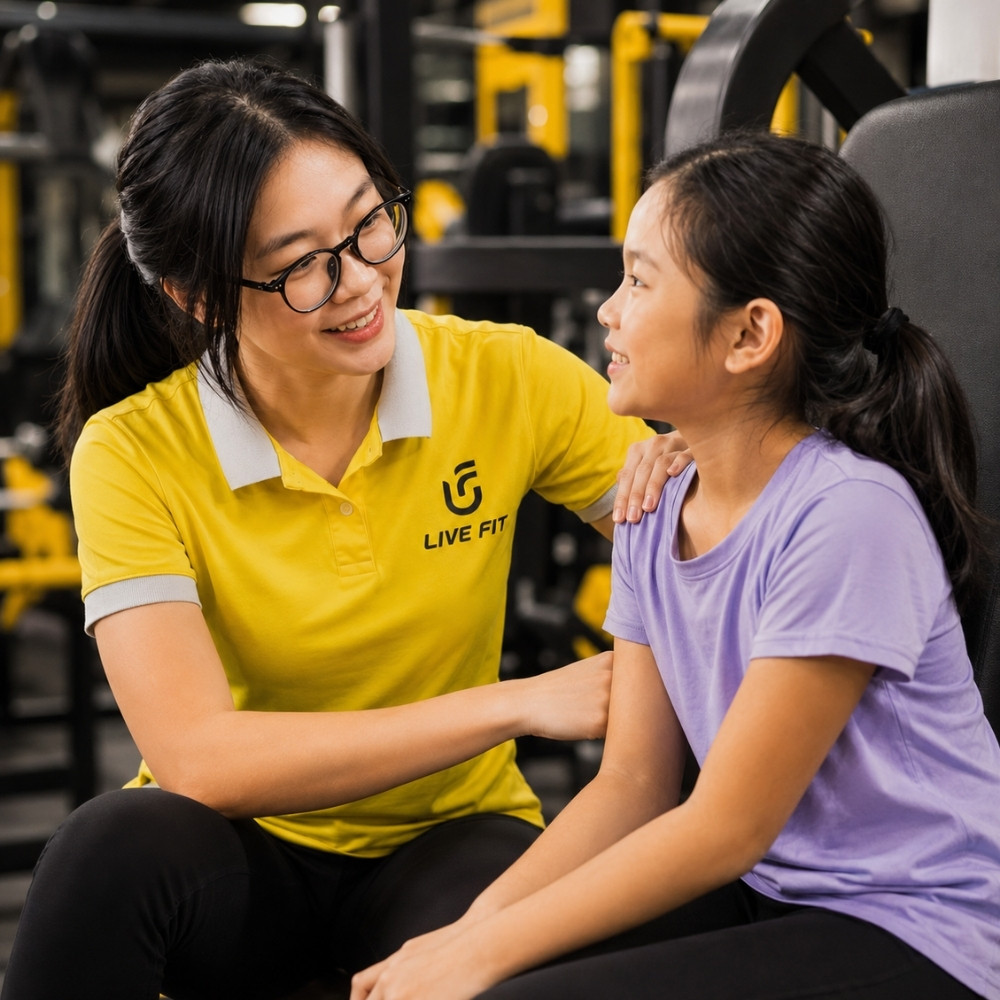 Huấn luyện viên đồng hành cùng bé ngoài phòng tập