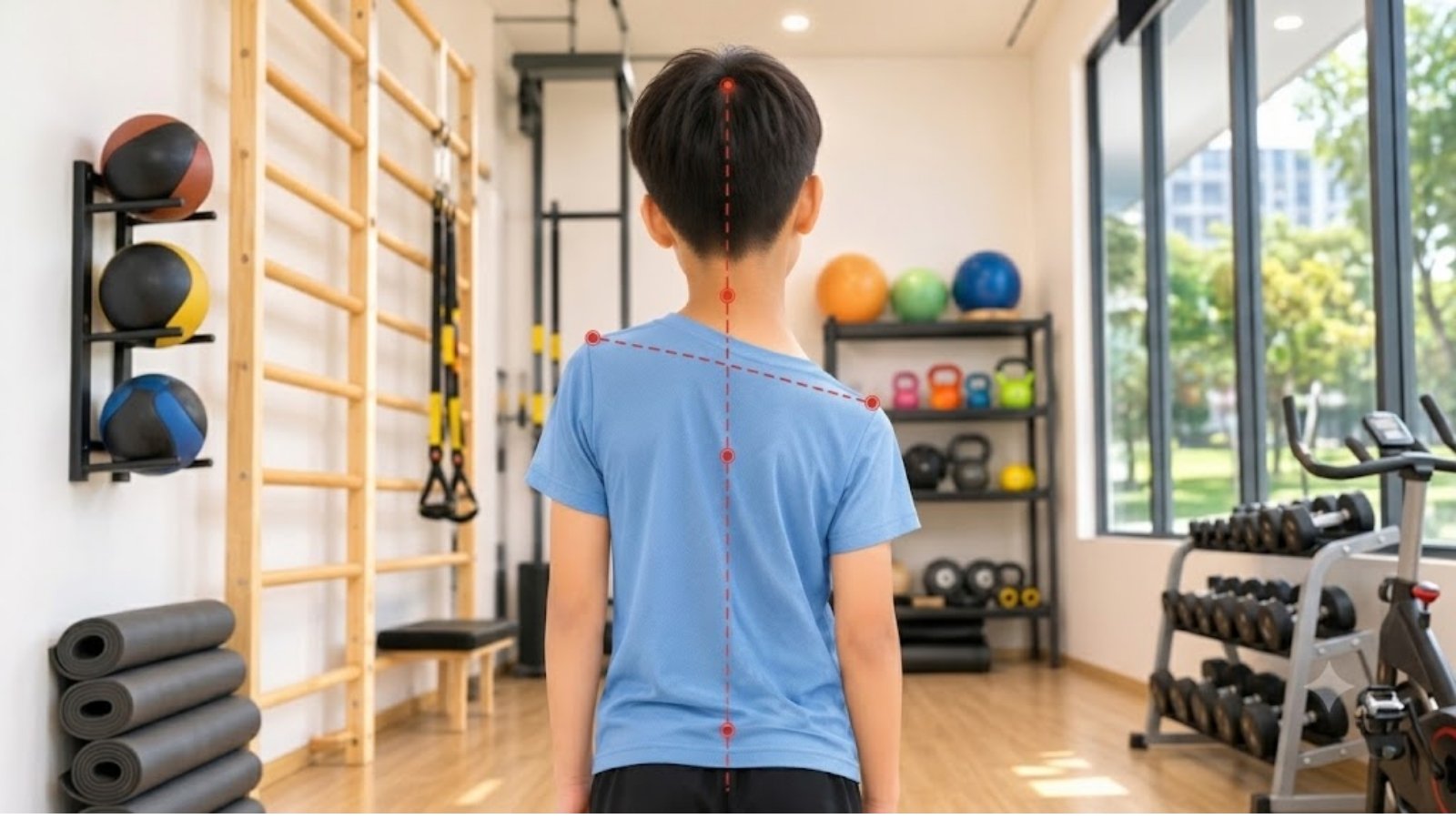 Huấn luyện viên quan sát tình trạng vai lệch của trẻ