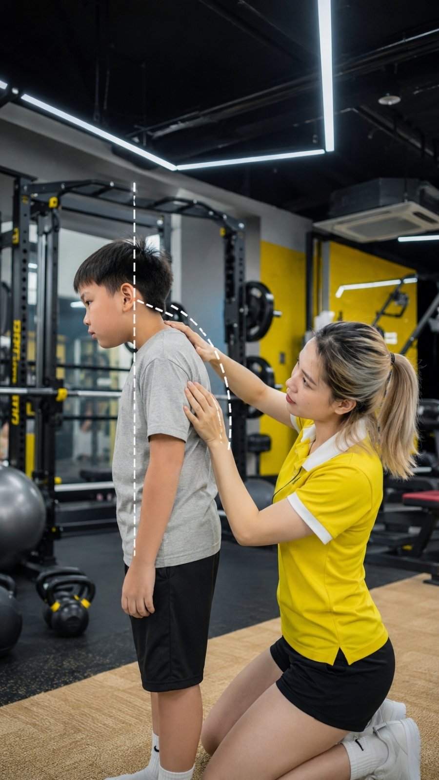 Trẻ thực hiện bài tập hỗ trợ cải thiện tư thế